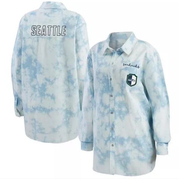 WEAR Seattle Seahawks Button Down Tie Dye Denim Long Sleeve Shirt - Picture 1 of 13